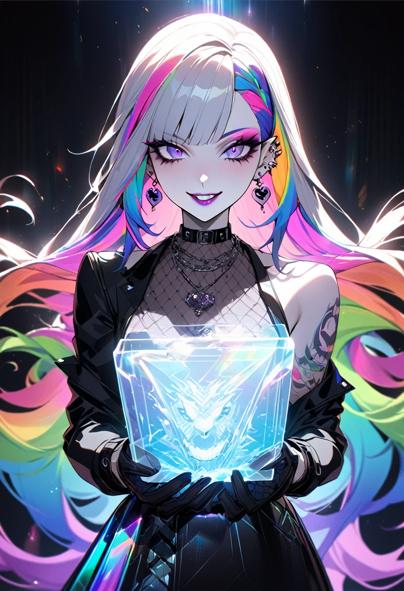 1 girl, Holo-punk style, rainbow hair, Earrings, eyelashes, grin, in the room, JEWELRY, lips, draw up, necklace, Goth, masterpiece, Best quality, Eyeliner, pale skin, rainbow hair, кинематографический Corner, Corner, dark, dark background, cinematic lighting, masterpiece, Best quality, Full-length hooligan villain, conceptual art, bold suit, Unusual clothes, Black patterns, dangerous style, amazing, extremely detailed eye, very detailed face, very detailed hair, 8K, permission, youth outfit, piercing, tattoo, Brunette Tall, pale skin, rainbow hair, ((holographic clothing)), gloves