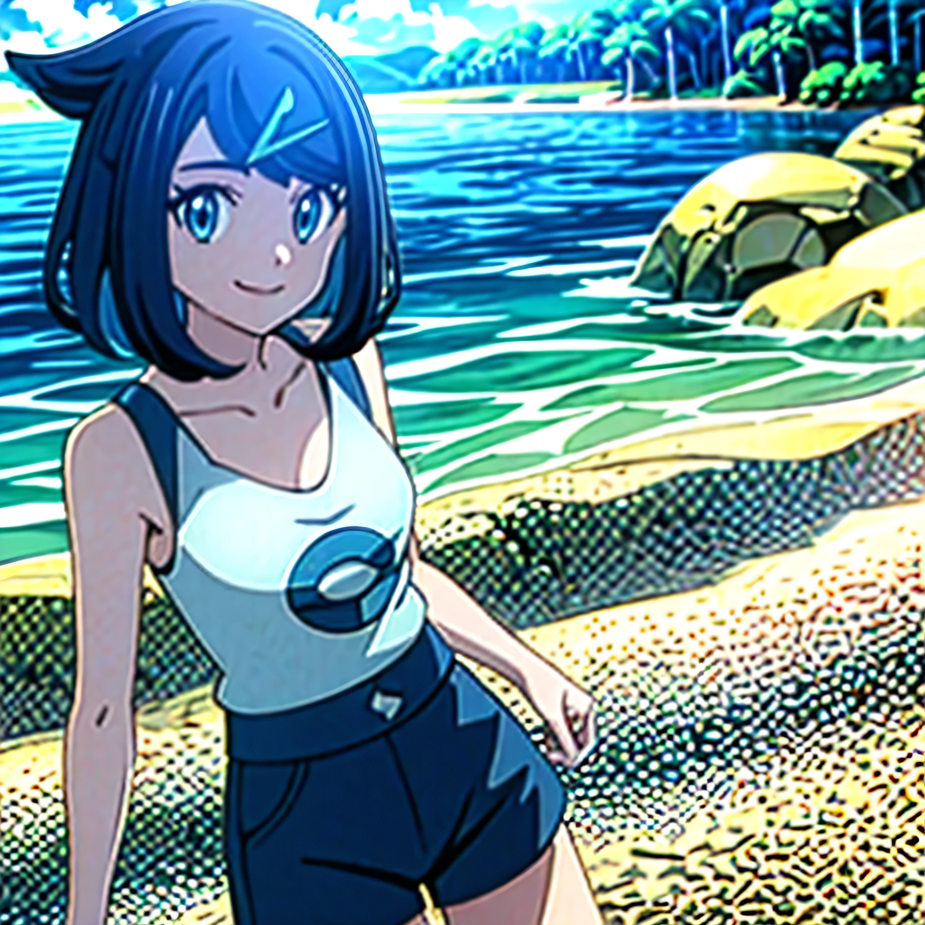 1girl, blue hair short hair blue eyes, White tank top ,Yellow short, smiling, pokemon, White shoses, beach day time, looking at the veiwers, 