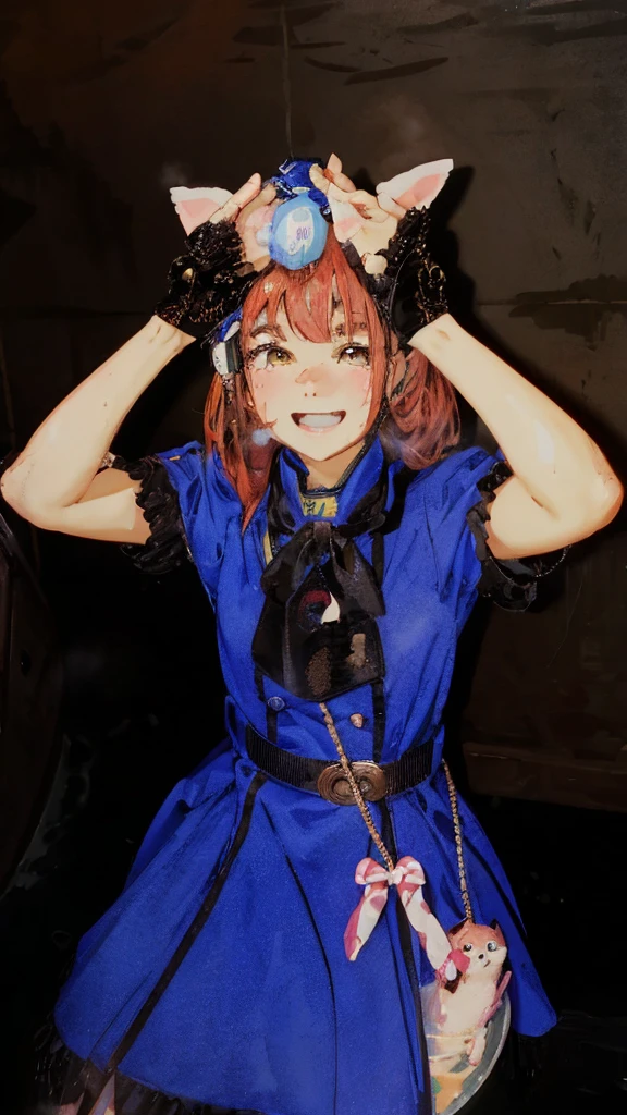 highest quality, 4K wallpaper, masterpiece, Highly detailed CG Unity 8k wallpaper, Very fine grain, Super detailed, Intricate details, Close-up of one happy girl in the center, Retro art style, neon_Pop Art Style, Public bath、Girl soaking in hot water、Dachshunds also enjoy bathing in hot water.、Duck Toy、steam、Cat ear、There is a poster、Mount Fuji painting、naked、Nipples、Small breasts、Small breasts、tits、Short girl、Pussy