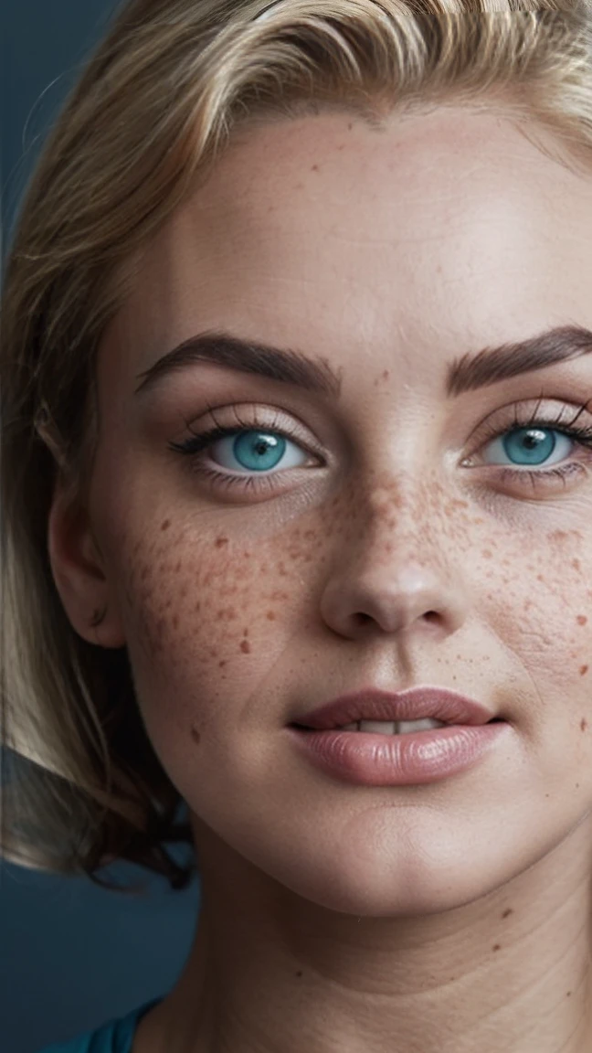 Ukrainian young influencer with freckles , face very beautiful, sea blue eyes, heart shaped lips, fitness freak, closeup, ai influencer , i want to make consistent face so make it reproduceable using seed, face feature similar to monica bellucci and Marilyn Monroe