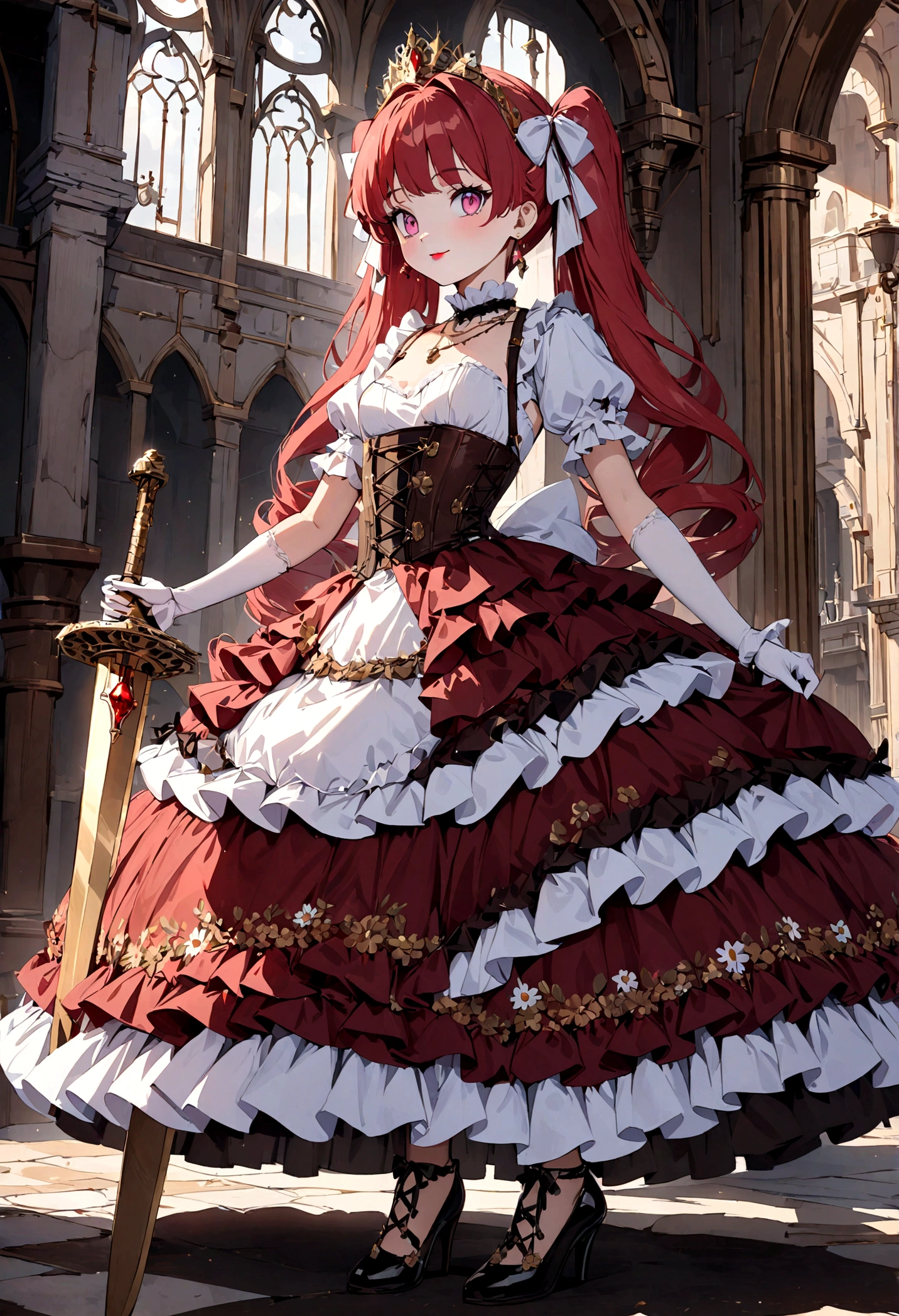 (best quality,4k,8k,highres,masterpiece:1.2),ultra-detailed, Pretty 15 years old princess, drawn in anime style, is cute and happy, long red pigtails hair, pink eyes, small breast, makeup and lipstick, steampunk, red ball gown with puffy sleeves, physically-based rendering,gorgeous frilly dress design,flowing gown,elaborate lace details,rich textures,contrast stitching,delicate ribbon bows,floral accents, daisy flowers embroidery, full skirt,short sleeves,fitted waistline,flared cuffs,lace-up back,luxurious fabrics,flawless silhouette, petticoat, bloomers, bustle, corset, hair ribbons, white elbow gloves, ruby earrings and necklace, gold tiara, high heels, holding a fencing sword, standing in castle bedroom, highly detailed, 4K.
