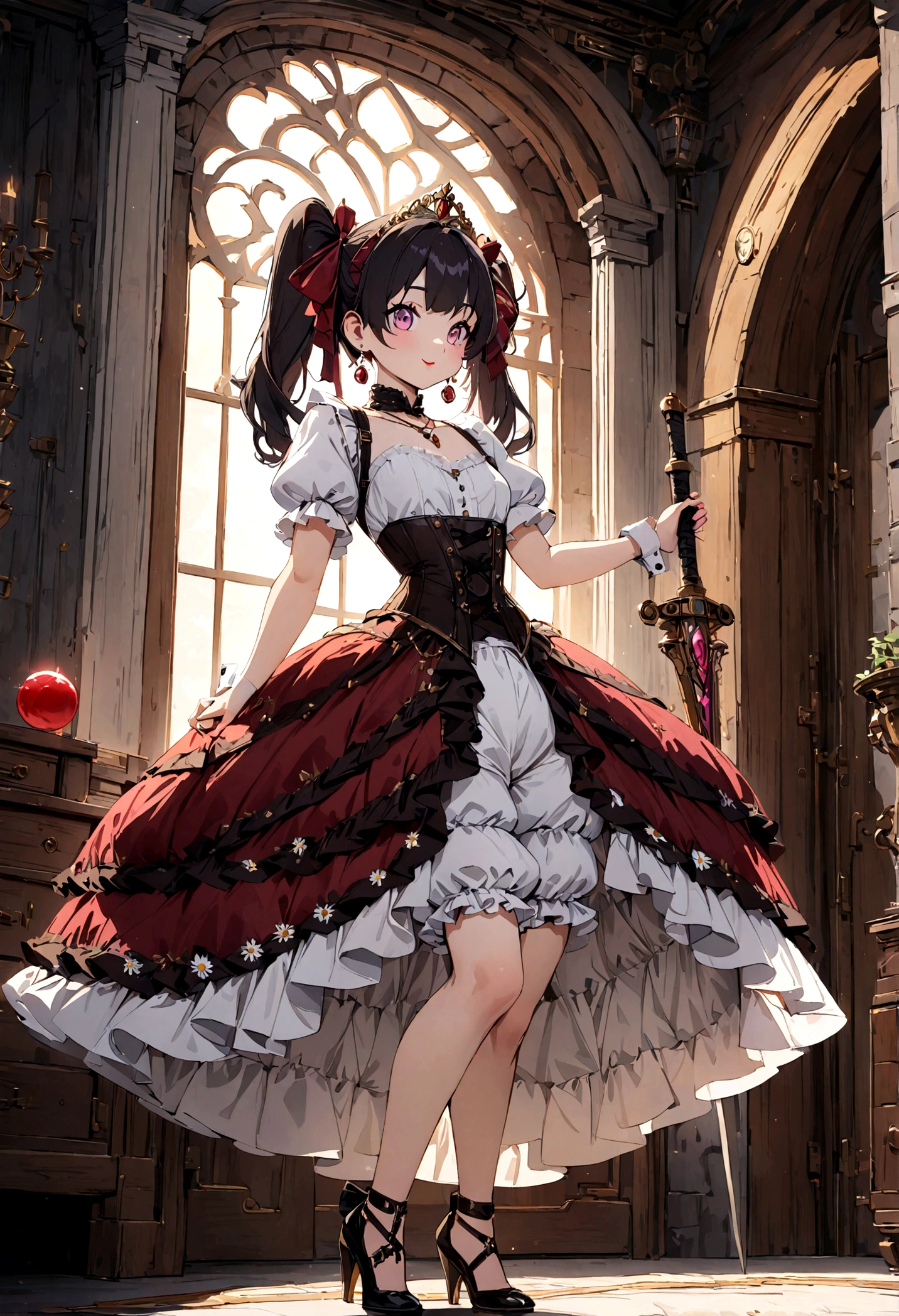 (best quality,4k,8k,highres,masterpiece:1.2),ultra-detailed, Pretty 15 years old princess, drawn in anime style, is cute and happy, long red pigtails hair, pink eyes, small breast, makeup and lipstick, steampunk, red ball gown with puffy sleeves, physically-based rendering,gorgeous frilly dress design,flowing gown,elaborate lace details,rich textures,contrast stitching,delicate ribbon bows,floral accents, daisy flowers embroidery, full skirt,short sleeves,fitted waistline,flared cuffs,lace-up back,luxurious fabrics,flawless silhouette, petticoat, bloomers, bustle, corset, hair ribbons, white elbow gloves, ruby earrings and necklace, gold tiara, high heels, holding a fencing sword, standing in castle bedroom, highly detailed, 4K.