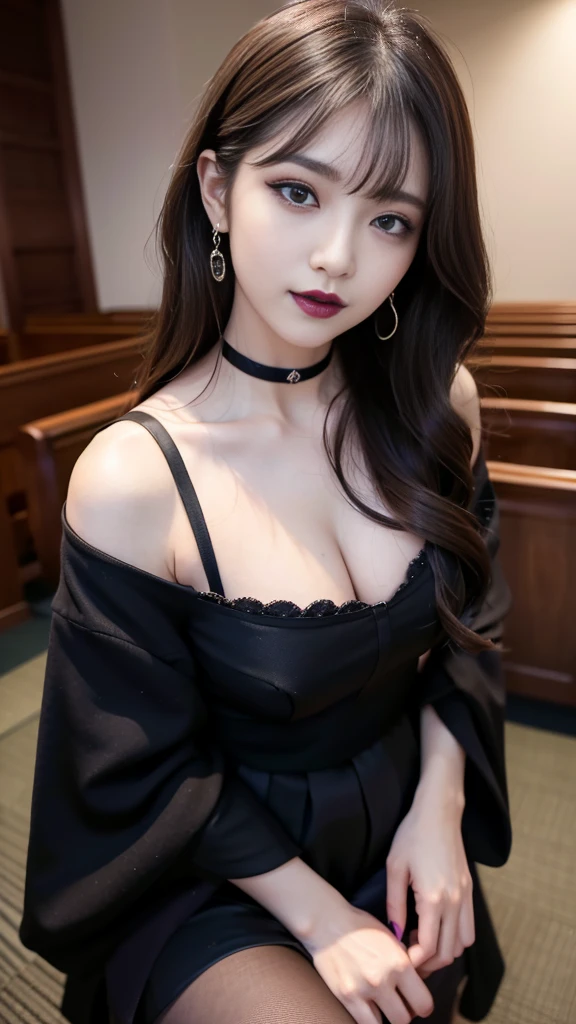 best quality、ultra-detailed、8k、Japanese、Japanese、Seductive beauty、seductive adult woman、Pretty Woman、cool girl、smirk、Wicked Smile、Villainess、brainwash makeup、Brainwashed、brainwash、Fallen into evil、Evil look、evil、Brown hair、wavy hair、swept bangs、dark makeup、piercing eyes、hollow eyes,half-closed eyes、Hollow Eyes、purple Eyeshadow、black lipstick、black lipglos、black elegant dress、wide sleeve、Black flared skirt、skin color pantyhose、stockings、night、inside church、Are standing、Look、Offer、shoot from below、Swear allegiance、I have pledged my allegiance、