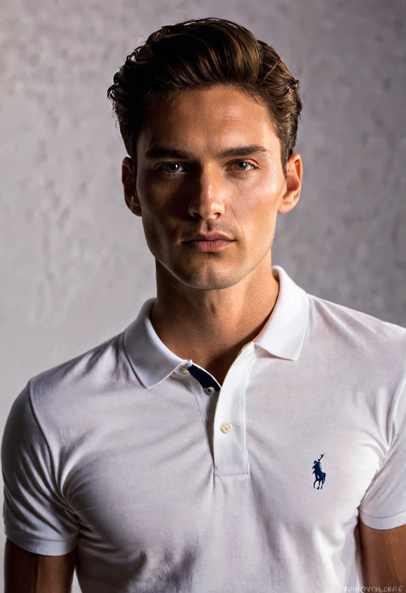 a male model, looking at the camera with a penetrating gaze, he wears a basic polo, he is in a photography studio, with low lighting in the background, but with a ray of light reflecting on the model's face.