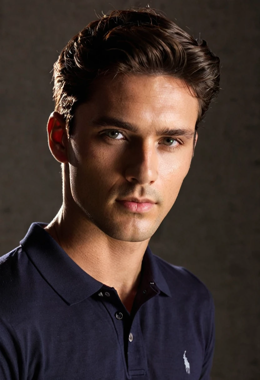 a male model, looking at the camera with a penetrating gaze, he wears a basic polo, he is in a photography studio, with low lighting in the background, but with a ray of light reflecting on the model's face.