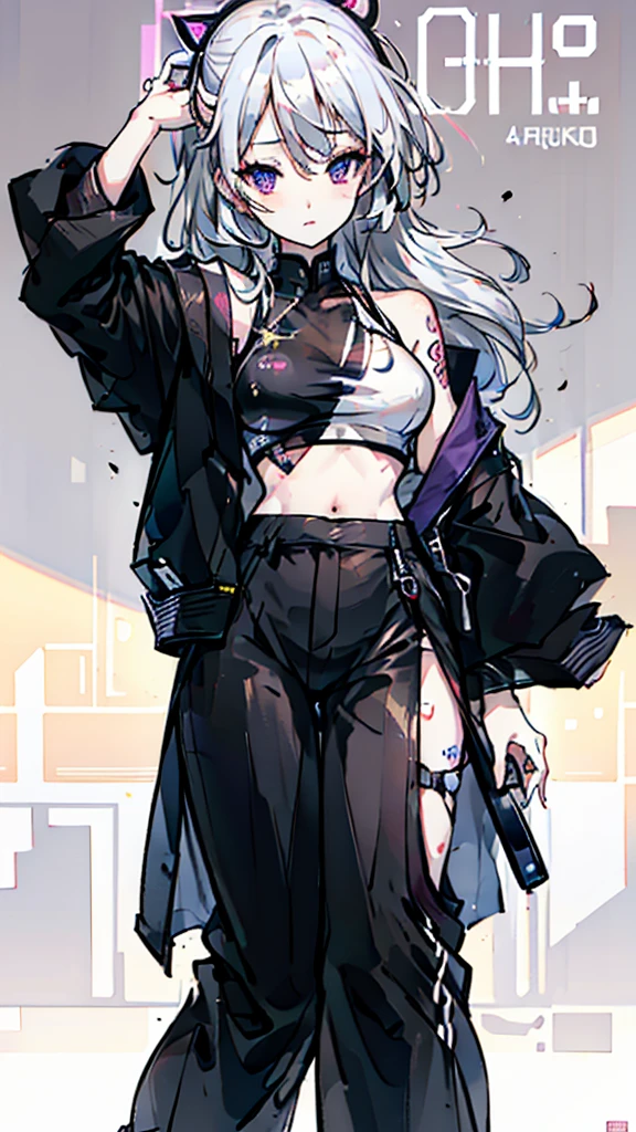 1girl, beautiful woman, black and white hair, purple eyes, crop top, short pants, tattoo china font, (best quality,4k,8k,highres,masterpiece:1.2),ultra-detailed,(realistic,photorealistic,photo-realistic:1.37),HDR,UHD,studio lighting,ultra-fine painting,sharp focus,physically-based rendering,extreme detail description,professional,vivid colors,bokeh,portrait,background art japanese style poster,background neon font japan,college style