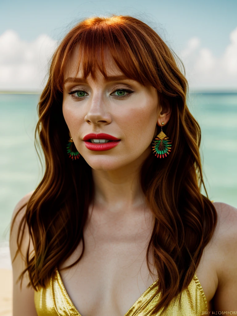 Realistic photo of a beautiful bryc3d-v1 woman, 1girl, solo, long hair, looking at viewer, tropical beach background, auburn hair, jewelry, green eyes, multicolored hair, small gold earrings, parted lips, teeth,  lips, gradient hair, makeup, lipstick, portrait, realistic, red lips, soft lighting, professional Photography, Photorealistic, detailed, RAW, analog, sharp focus, 8k, HD, DSLR, high quality, Fujifilm XT3, film grain, award winning, masterpiece