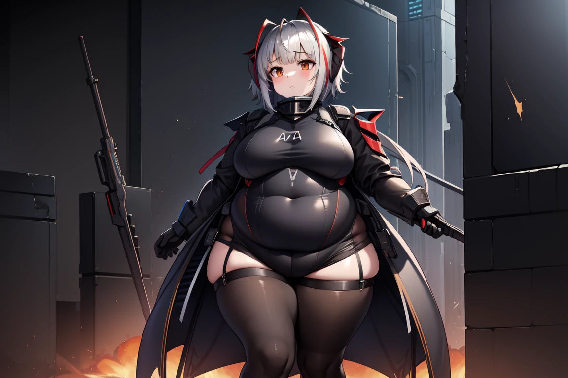 1girl, w_arknights, black bodysuit with blue parts, ancient space ruins, hi-tech armor pieces, face, fat legs, see through clothes, side boob