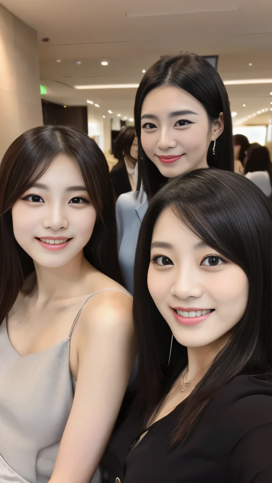 Three Asian women posing for photos in the room, 8k selfie photo, beautiful face, gorgeous face, 3 young and beautiful women, Korean facial features, Photos taken with Nikon d750, Photos taken with Nikon D750, Close-up face, korean symmetrical face, Beautiful Japanese girl face, beautiful girl, Popular Korean makeup, perfume