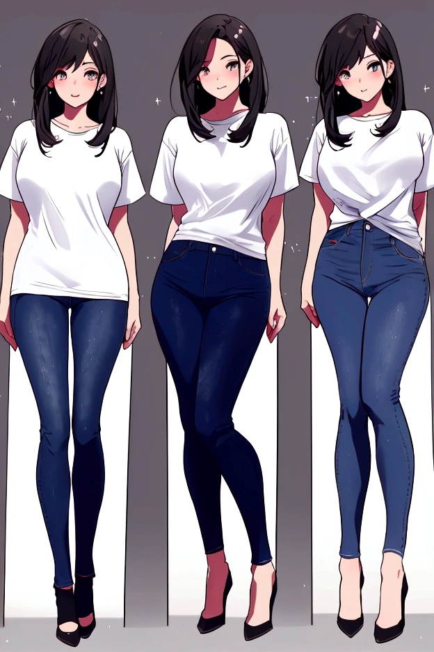 (Multiple views: 1.2), (Full body from the front: 1.5), (Full body from the back: 1.1), T-Shirts、jeans、High heels、