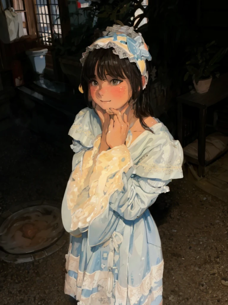 highest quality, 4K wallpaper, masterpiece, Highly detailed CG Unity 8k wallpaper, Very fine grain, Super detailed, Intricate details, Close-up of one happy girl in the center, Retro art style, neon_Pop Art Style, Public bath、Girl soaking in hot water、Dachshunds also enjoy bathing in hot water.、Duck Toy、steam、Cat ear、There is a poster、Mount Fuji painting、naked、Nipples、Small breasts、Small breasts、tits、Short girl、Pussy