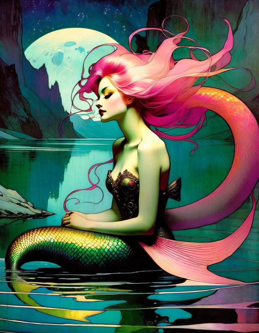 pink hair, She is a mermaid with a long tail of an pink-haired fish and very beautiful, she is sitting cheerful and quiet, in the lake with an enclosed mountain, low and bright Darksynth aesthetic, minimalist background, gothic makeup, weird fashion photography, ultra detailed, masterpiece. night, God, full body, Decorative panels, Abstract artistic, Alphonse Mucha (tmasterpiece, Best quality, A high resolution: 1.4), A detailed, Complicated details,(art inspired by Bill Sienkiewicz) oil painting, details of brush strokes that enhance depth)
