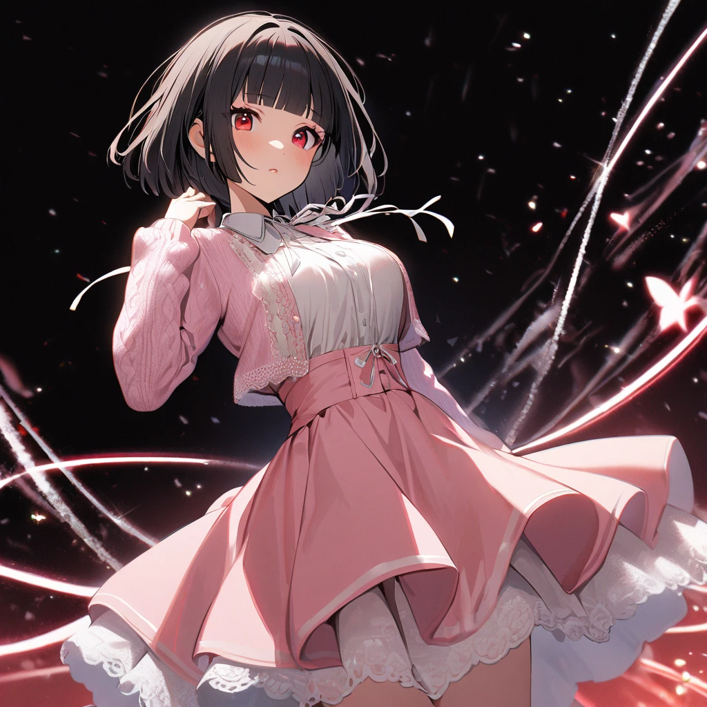 1girl,solo,blunt bangs,19yo,short hair,large breasts,black hair,red eyes, A pink dress with white frills, a white lace cardigan, and pumps with white ribbons.