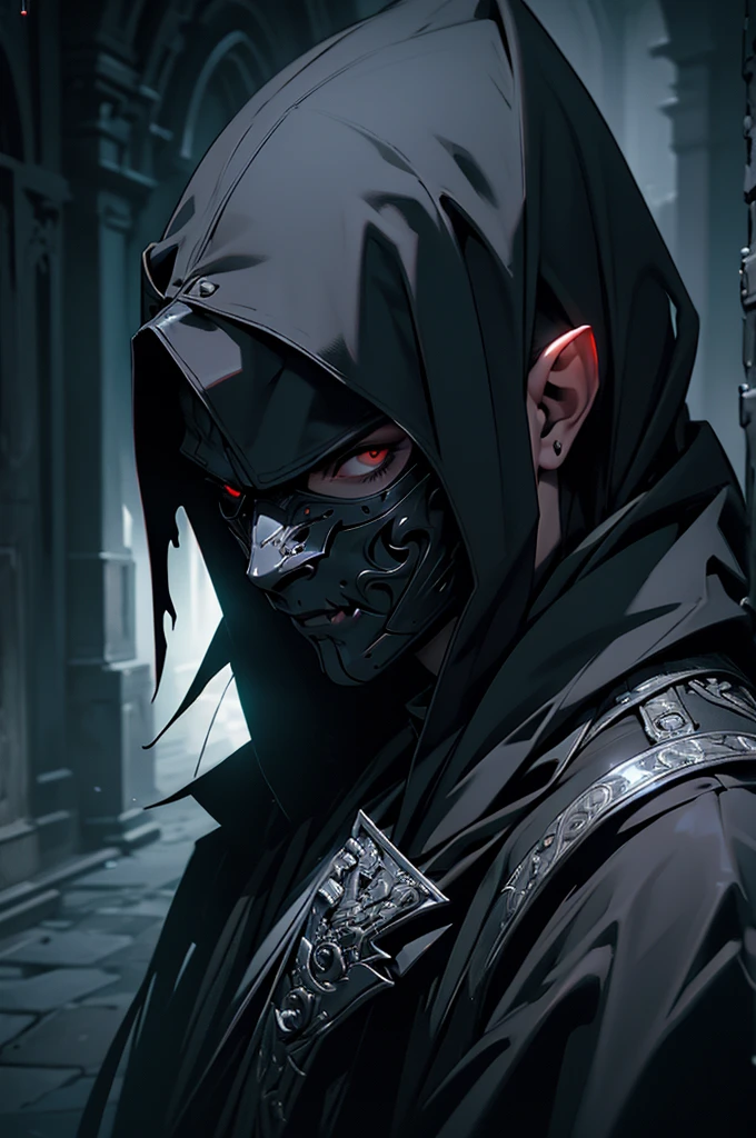 a vampire assassin in dark clothes, mask covering their face, detailed intricate costume, hyperrealistic, cinematic lighting, moody atmosphere, digital painting, dramatic shadows, rich colors, chiaroscuro, dark and gloomy, ultra-detailed, 8k, masterpiece, photorealistic, highly detailed, sharp focus