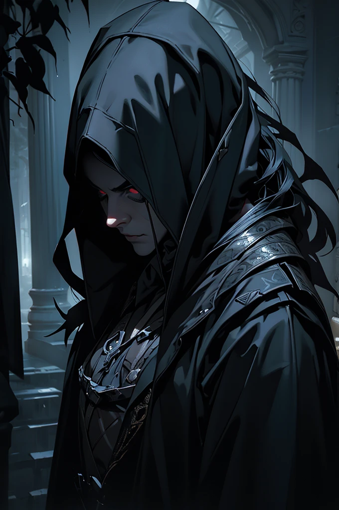 a vampire assassin in dark clothes, mask covering their face, detailed intricate costume, hyperrealistic, cinematic lighting, moody atmosphere, digital painting, dramatic shadows, rich colors, chiaroscuro, dark and gloomy, ultra-detailed, 8k, masterpiece, photorealistic, highly detailed, sharp focus