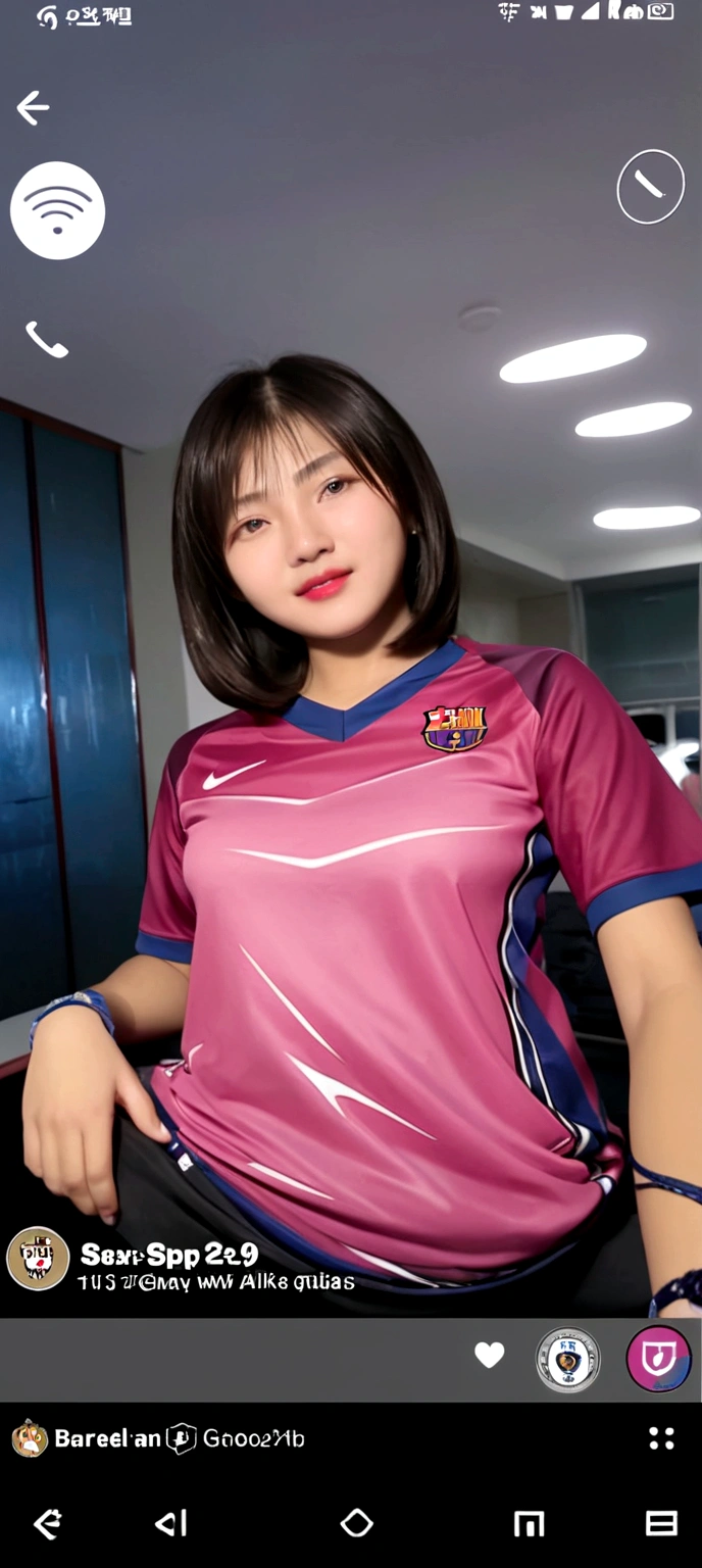 Asia woman , wearing a barcelona fc away 2013 kits jersey Red and blue stripes with Nike and Qatar airways logo , nude , tight ,oily Spreading pussy , getting fuck , sexy hot face