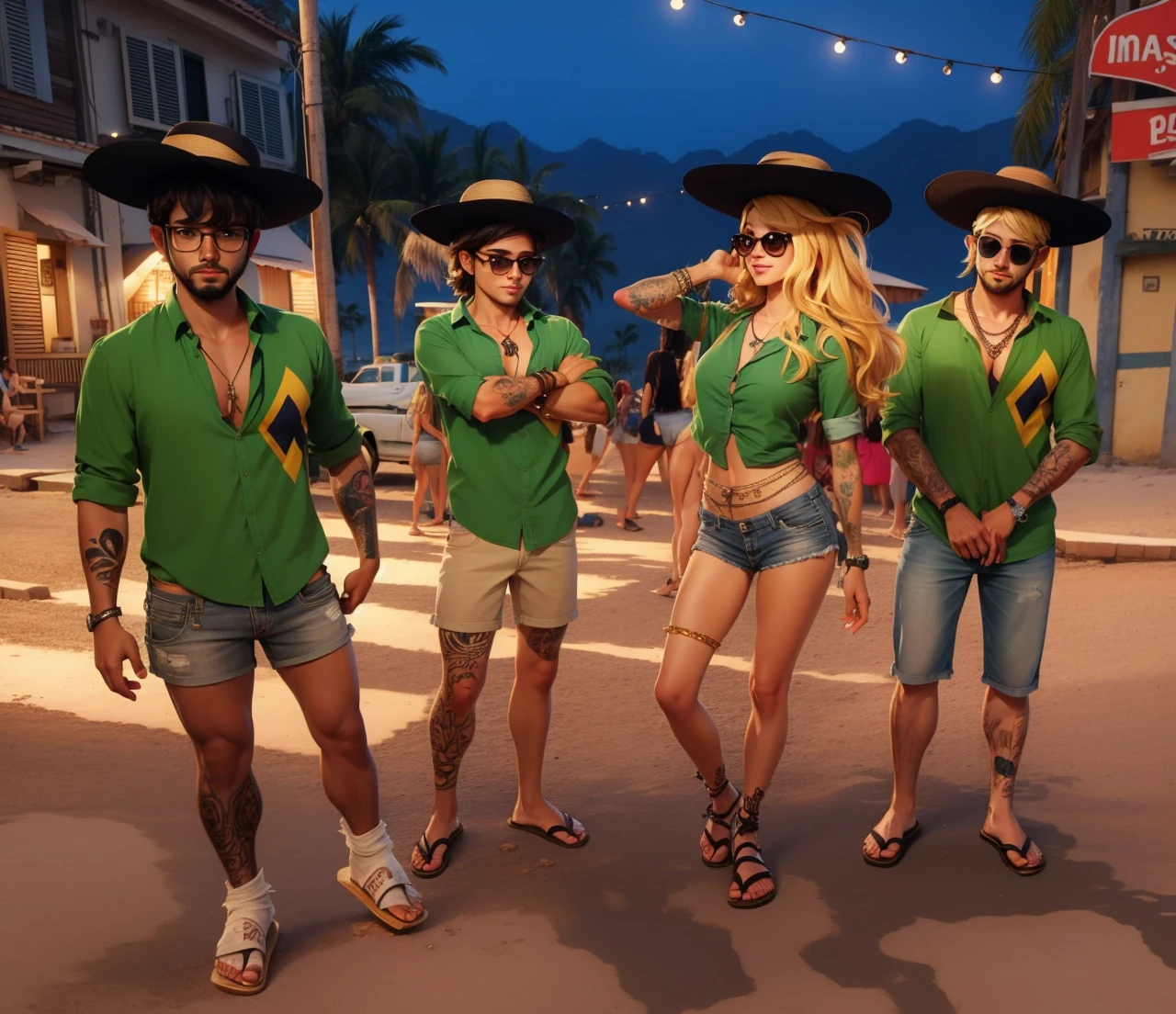 Best quality, camisa do brasil, 4 pessoas, meninas, meninos, straw hat, ambiente festa junina, cabelos curto preto longos loiro, tatto, gold cord, gold watch, glasses, havaianas sandals, bermudas jeans, shorte jeans, 4 homens 1 mulher, adolescentes, barba, 26 anos