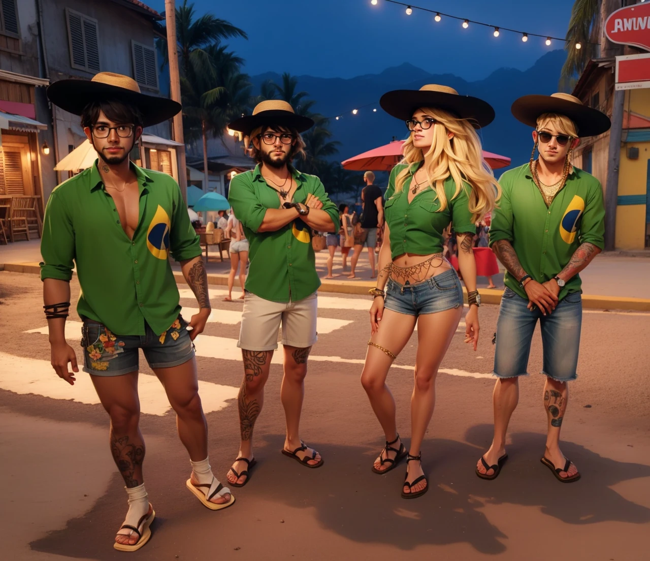 Best quality, camisa do brasil, 4 pessoas, s, meninoaw hat, ambiente festa junina, cabelos curto preto longos loiro, tatto, gold cord, gold watch, glasses, havaianas sandals, bermudas jeans, shorte jeans, 4 homens 1 mulher, adolescentes, barba, 26 anos