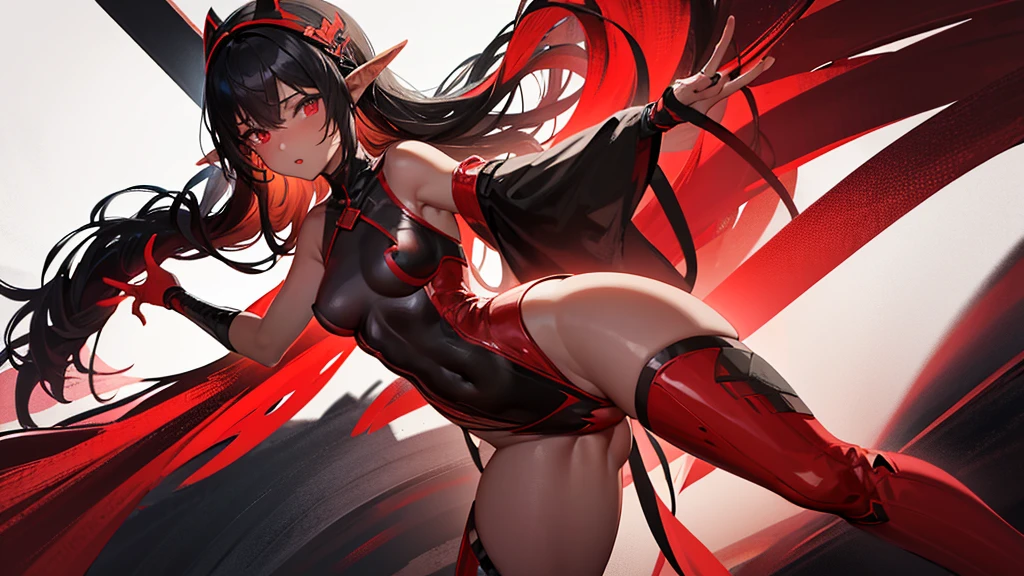 against on wall, a, Black skin elf female, shining red, street clothing, Black and red background, sexy face, sexy open legs pose, Hand on vagina, big chest, thicc legs,