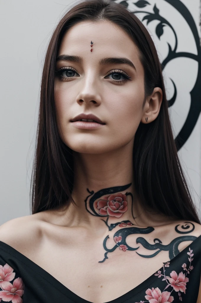 une jeune femme de la vingtaine, elle a des cheveux long et rouge voir écarlate avec un œil gauche de couleur Noir et un œil droit blanc a cause d'une cicatrice, elle a une expression froide sur le visage, sakura flower tattoo on shoulder and snake tattoo on neck, elle a un style vestimentaire type emo