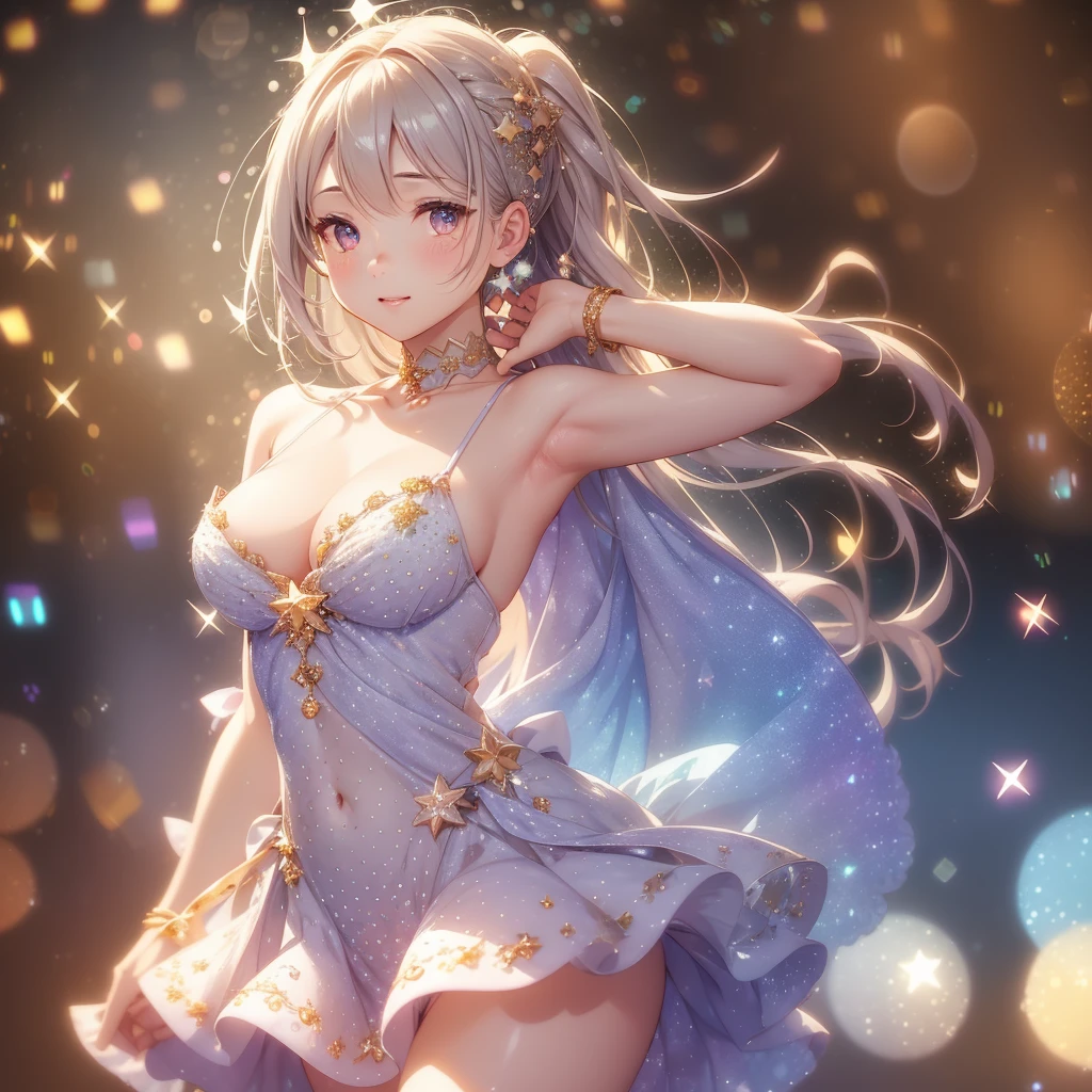 Colorful music stage, Beautiful idols, Idol costumes, Beautiful faces, Beautiful legs, Colorful colors, Detailed background, Beautiful singing voice, Fantastic atmosphere, High quality, 8K Ultra HD, 3D effect, Animation style digital illustration, Soft cartoon style, 3D effect, Luminism, 3D rendering, Octane Rendering, Isometric, Full Color, Delicate Anime Character Expressions, Whimsical Lighting, Captivating Atmosphere, Soft Textures, Imaginative Artwork, Mysterious Glow, Silent Luminescence, Sparkling Stars, Vivid Background, Full Length, (((Rule of Thirds))), High Quality Description: (Bokeh: 2), High Detail, High Resolution, (Bokeh: 2), Backlight, Long Exposure: 2, Emphasis on the armpit and clavicle closeup, long-skirt