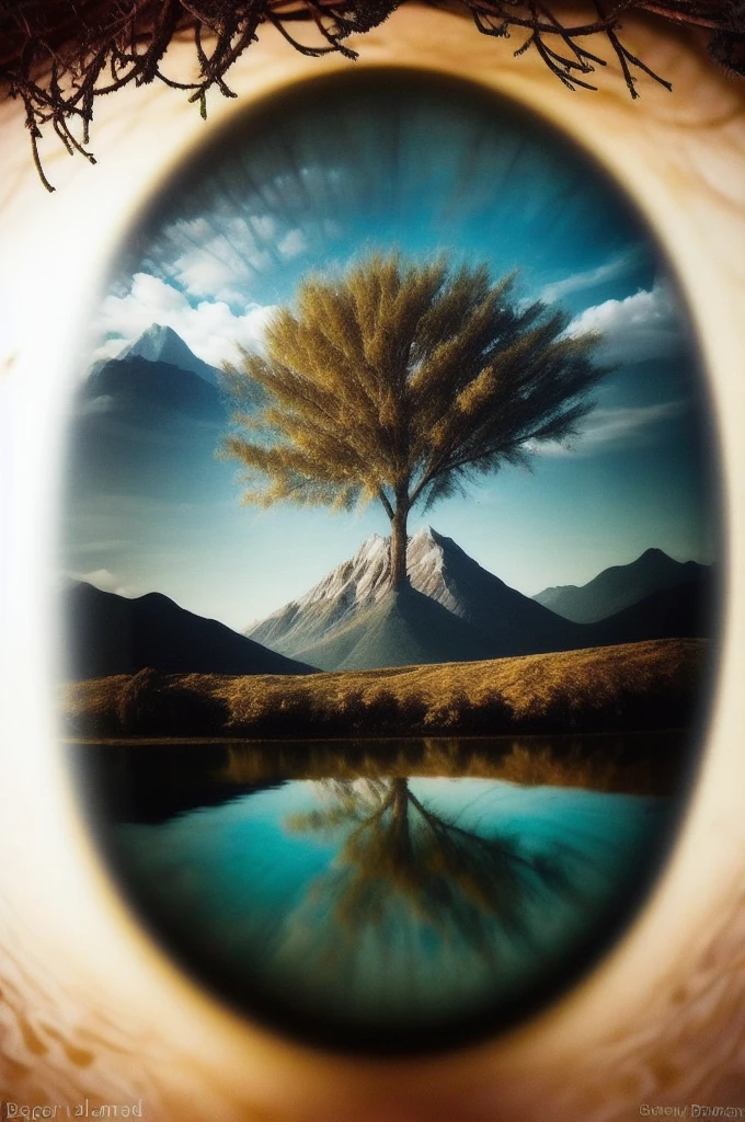 macro-ojo , mountain, tree , isla flotante ,  use embed name, double exposure , piel detallada alrededor del iris, Brown