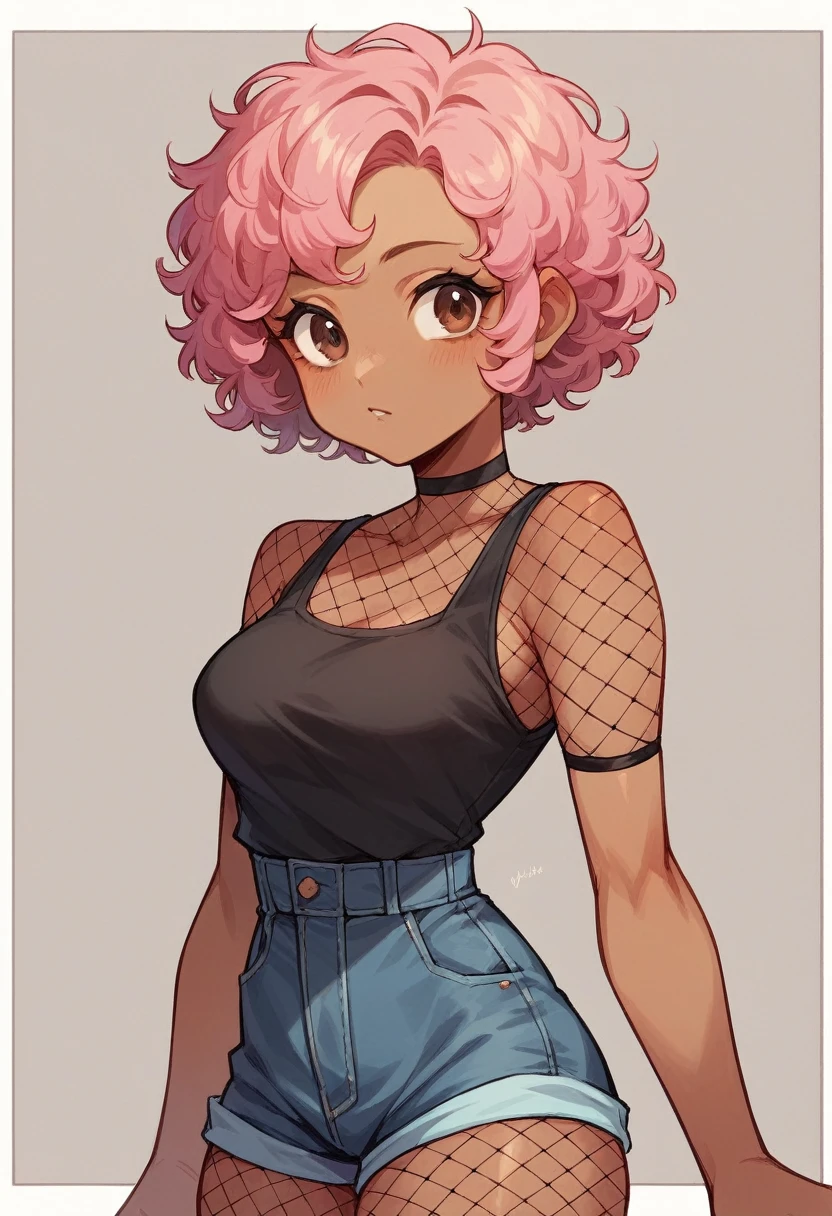 cute girl lighter skin that brown skin brown eyes pink hair short hair curly hair black tank top over shoulder thin waist medium hips fishnets