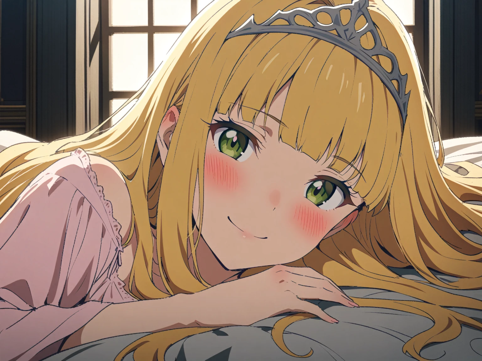 {{cowboy shot, face focus, sideways, pov, from side}} {{Artist: Sincos}} 1 woman ,solo, mature female, elegant, princess, medium breasts, straight hair, golden hair, long hair, hime cut, green eyes, nightgown, tiara lying on bed, smile, blush, indoors, palace bedroom, moonlight from window, medieval fantasy.