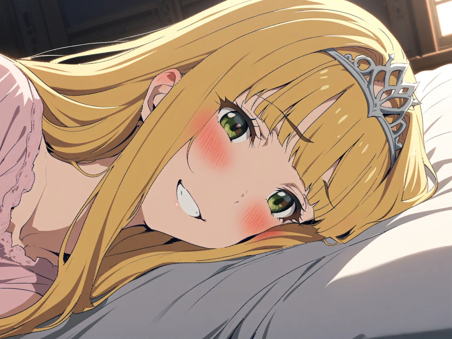 {{cowboy shot, face focus, sideways, pov, from side}} {{Artist: Sincos}} 1 woman ,solo, mature female, elegant, princess, medium breasts, straight hair, golden hair, long hair, hime cut, green eyes, nightgown, tiara lying on bed, smile, blush, indoors, palace bedroom, moonlight from window, medieval fantasy.