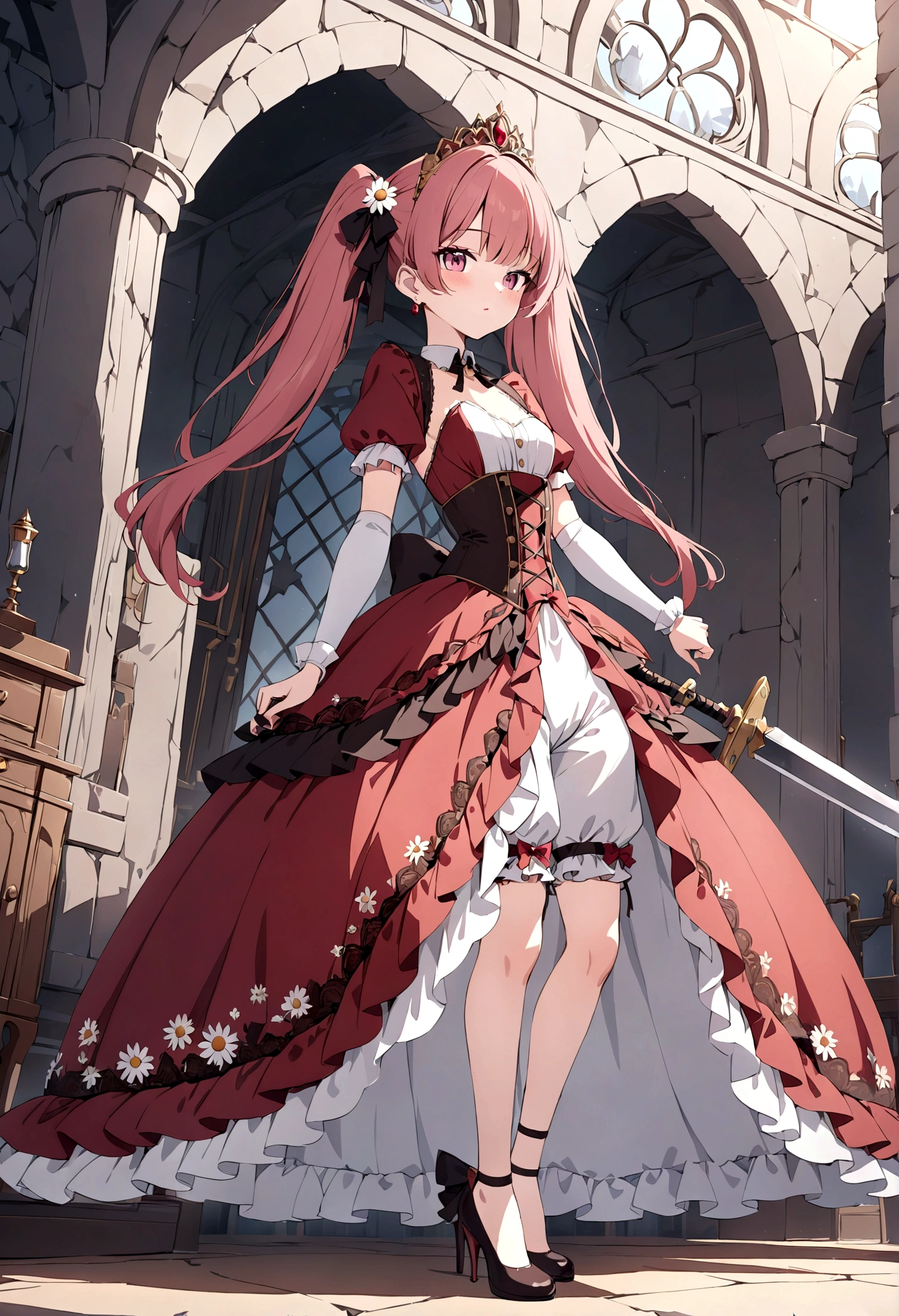 (best quality,4k,8k,highres,masterpiece:1.2),ultra-detailed, Pretty 15 years old princess, drawn in anime style, is cute and happy, long red pigtails hair, pink eyes, small breast, makeup and lipstick, steampunk, red ball gown with puffy sleeves, physically-based rendering,gorgeous frilly dress design,flowing gown,elaborate lace details,rich textures,contrast stitching,delicate ribbon bows,floral accents, daisy flowers embroidery, full skirt,short sleeves,fitted waistline,flared cuffs,lace-up back,luxurious fabrics,flawless silhouette, petticoat, bloomers, bustle, corset, hair ribbons, white elbow gloves, ruby earrings and necklace, gold tiara, high heels, holding a fencing sword, standing in castle bedroom, highly detailed, 4K.