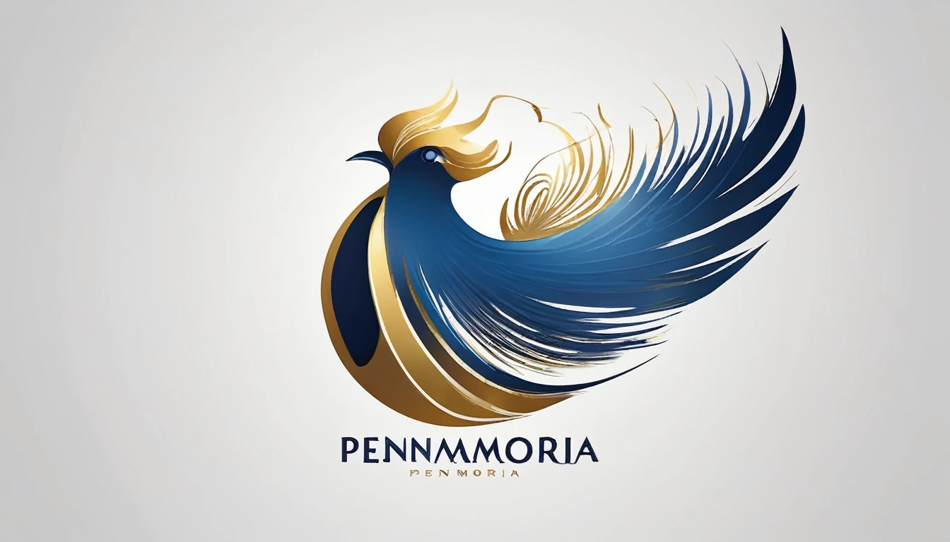 Create a flat vector, illustrative-style wordmark logo design for a storytelling and musical brand named 'Penamemoria'. The 'M' in 'Penamemoria' is transformed into a stylized feather, suggesting the brand's inspiration from fantasy birds. Use shades of blue, white and gold, evoking the imaginary and golden memories against a white background. Do not show any realistic photo detail shading. Include a boy playing acoustic guitar and a fantasy, unique feather by his side. Create a modern, logo that convey a sense of storytelling, dreaming and stories.