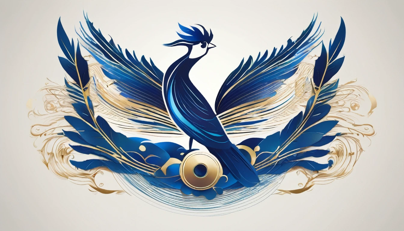 Create a flat vector, illustrative-style wordmark logo design for a storytelling and musical brand named 'Penamemoria'. The 'M' in 'Penamemoria' is transformed into a stylized feather, suggesting the brand's inspiration from fantasy birds. Use shades of blue, white and gold, evoking the imaginary and golden memories against a white background. Do not show any realistic photo detail shading. Include a boy playing acoustic guitar and a fantasy, unique feather by his side. Create a modern, logo that convey a sense of storytelling, dreaming and stories.