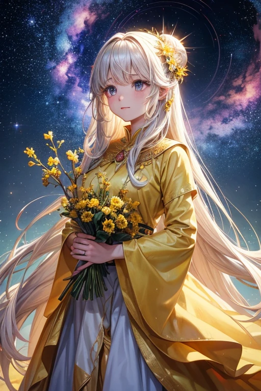 A young girl with long nature like hair, wearing a flowing yellow flowered dress, stands in a starry galaxy backdrop. She holds a majestic, towering oak tree in one hand, symbolizing strength and nature, while in her other hand she cradles a shimmering galaxy, representing the vastness of the universe. The scene is magical and surreal, with a sense of wonder and connection to both earth and the cosmos.