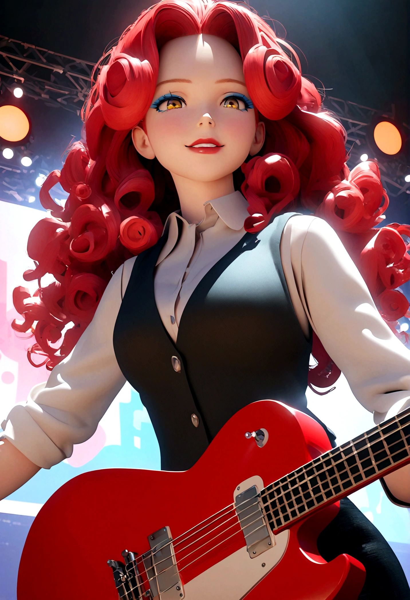 Pixar-style 3D animation, animate, real, 1 girl,30 years old,medium hair,((perm)),wavy hair,red hair,forehead,Voluminous curly hair,Light blue eyeshadow,red eyebrows,yellow eyes,tsurime,narrow eyes,half opend eyes,red lips,Confident expression,light smile,calm,black vest,white shirt,collared shirt,Unbutton the top button of shirt,black pants, BREAK standing,singing,play the red guitar,stage,The background features bold,colorful lettering and stage lights,capturing a lively,energetic performance