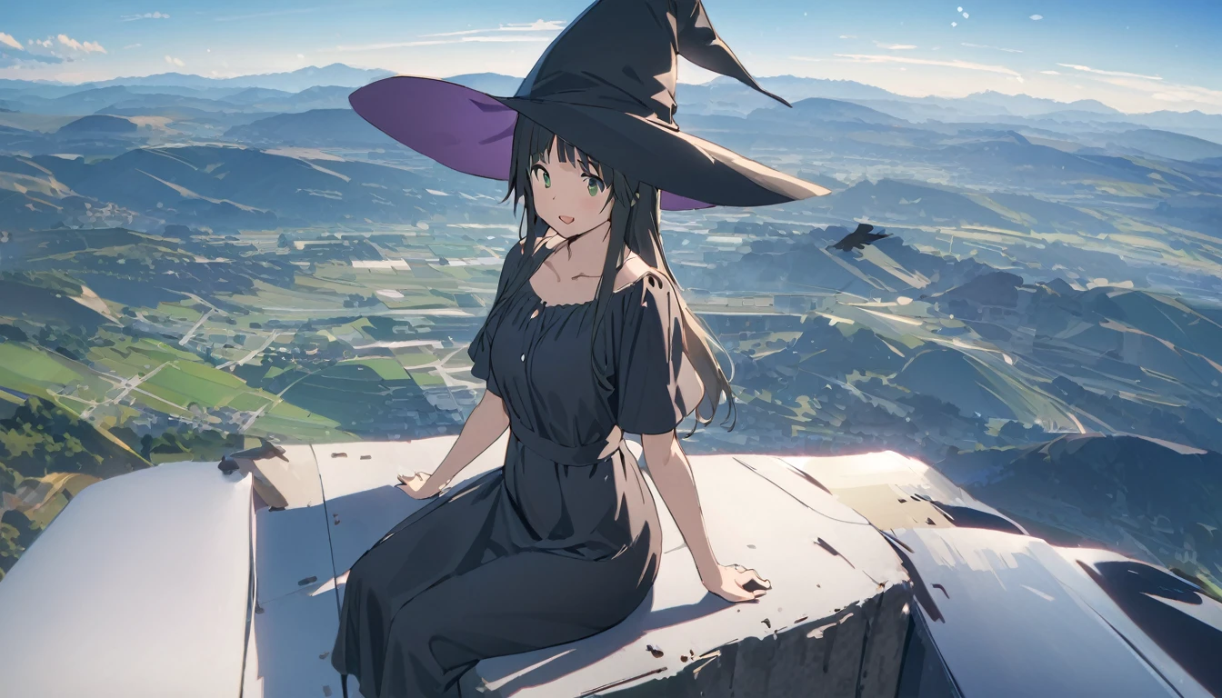 Ray Tracing, Everyone Makoto, One girl, Witch Hat, dress, clean, In the sky, flight, landscape, Sit down to clean,, masterpiece, highest quality, New,