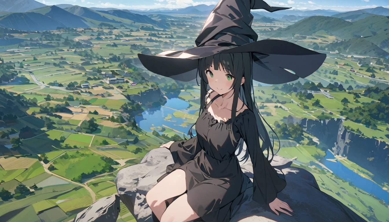 Ray Tracing, Everyone Makoto, One girl, Witch Hat, dress, clean, In the sky, flight, landscape, Sit down to clean,, masterpiece, highest quality, New,