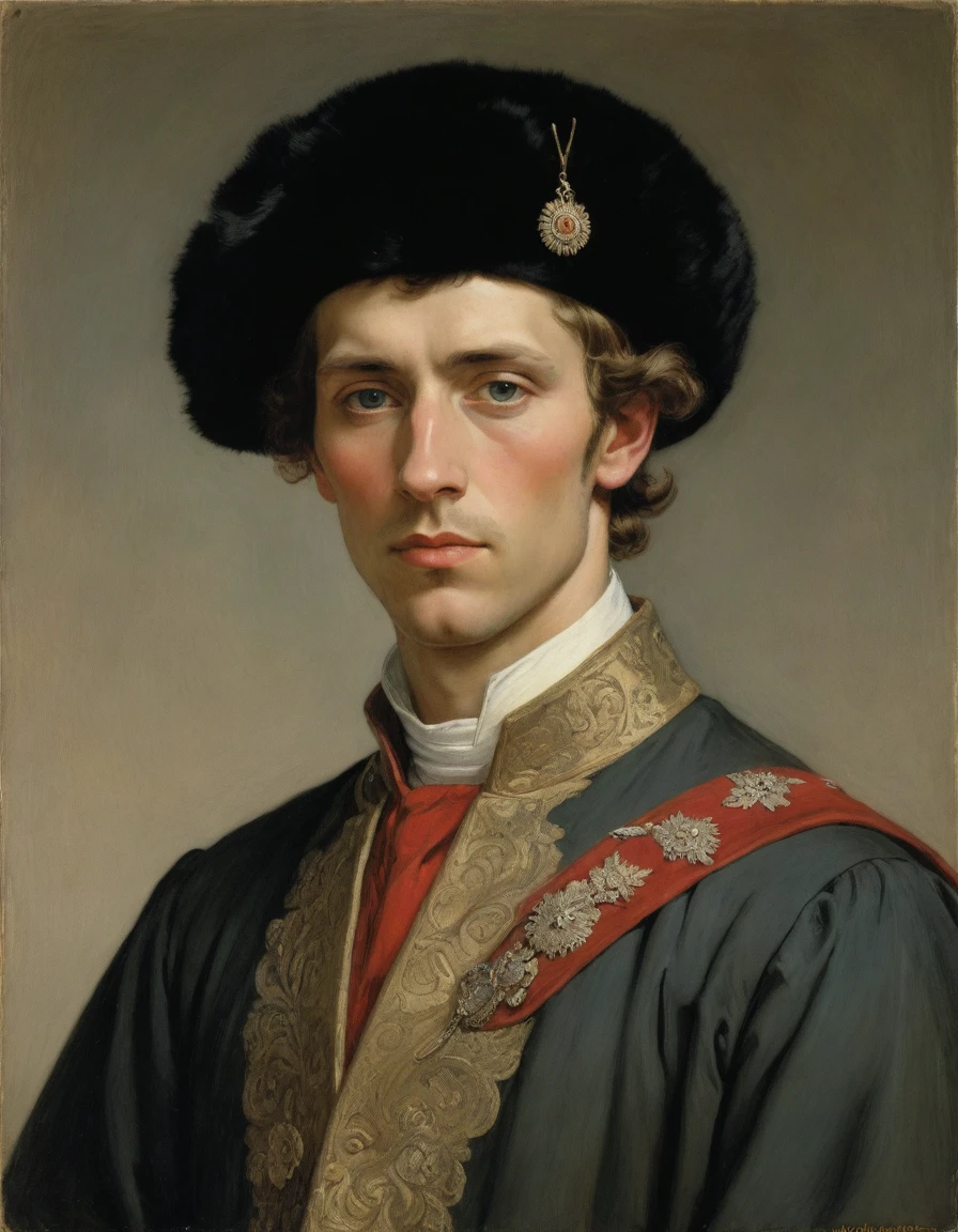 Design me a {{Colossal Masterpiece, high detail}}, a ((((full body portrait, male focus)))), (((by Moebius Jean Giraud))), ((by Caspar David Friedrich)), (by J. C. Leyendecker), the composition is: (((a very young male nobleman, sullen, facing viewer. He is wearing a fur hat. He is wearing a black Mughal caftan with Praetorian elements, sashes, medals, red diamond pendants)))