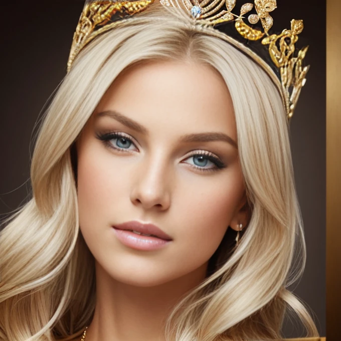 The most beautiful blond girl dressed as queen close up photo, luxury hairstyle, focus on big luxury  crown