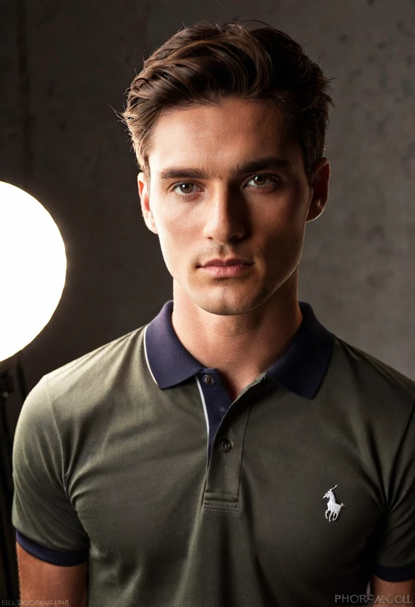 a male model, looking at the camera with a penetrating gaze, he wears a basic polo, he is in a photography studio, with low lighting in the background, but with a ray of light reflecting on the model's face.