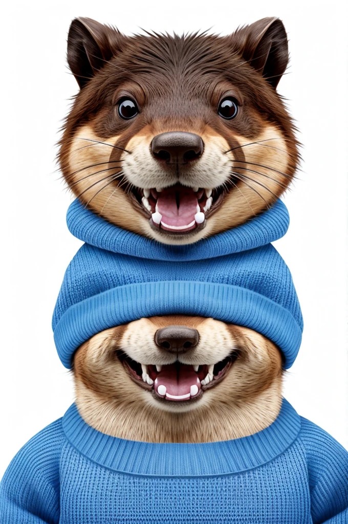 Drawn beaver with big healthy teeth in a blue sweater on a white background