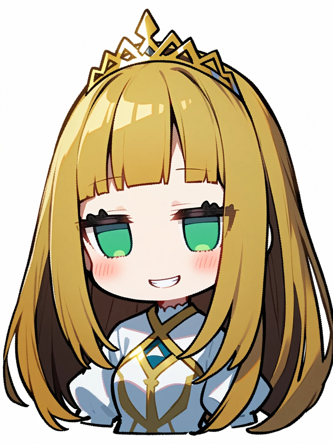 {{{kame (kamepan44231), no humans, chibi, jitome, fumo (doll)}}}, portrait 1 woman, solo, mature female, elegant, princess, medium breasts, golden hair, long hair, straight hair, long hair, hime cut, green eyes, white dress, gold trim, tiara, facing viewer, blush, bright smile, teeth, half-closed eyes, white background, simple background.