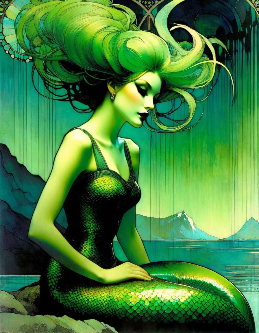 green hair, She is a mermaid with a long tail of an green-haired fish and very beautiful, she is sitting cheerful and quiet, in the lake with an enclosed mountain, low and bright Darksynth aesthetic, minimalist background, gothic makeup, weird fashion photography, ultra detailed, masterpiece. night, God, full body, Decorative panels, Abstract artistic, Alphonse Mucha (tmasterpiece, Best quality, A high resolution: 1.4), A detailed, Complicated details,(art inspired by Bill Sienkiewicz) oil painting, details of brush strokes that enhance depth)