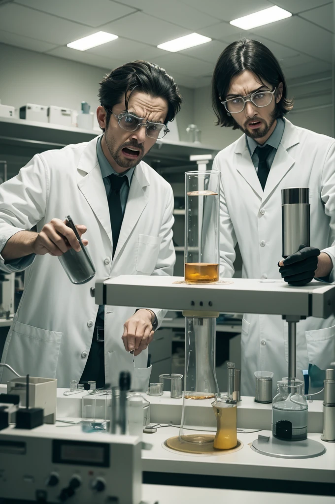 Angry scientists doing an experiment in a laboratory.