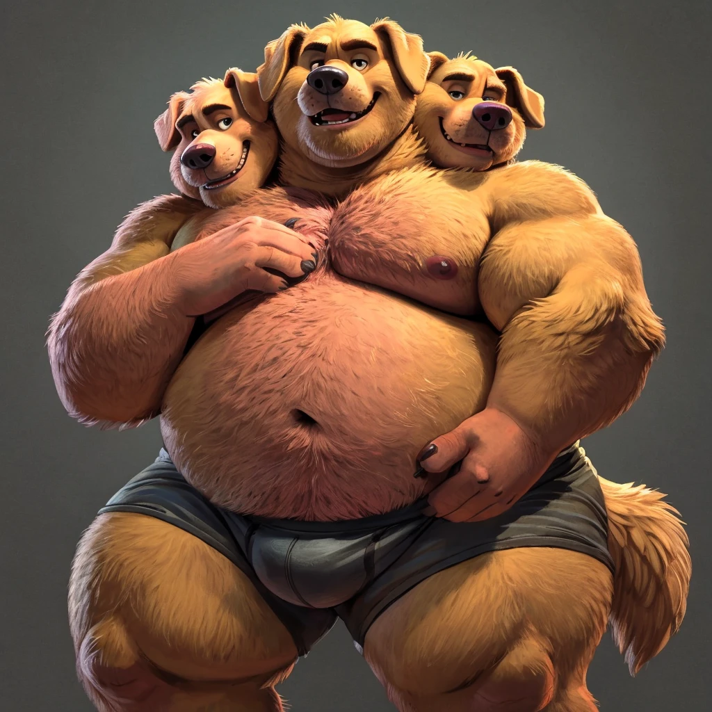 solo, golden retriever, three identical heads on one body, yellow fur, bald, golden retriever ears, masculine, necks, (eyes), adult, male, 50 years old, (stylized 3d, by disney, by rembrandt, by pixar, by dramamine), obese, solid gray background, (shirtless, underpants), correct hands, correct anatomy, ultradetailed, best quality, detailed masterpiece, highly detailed masterpiece, 4k, (professional cartoon), natural pose, detailed expressions