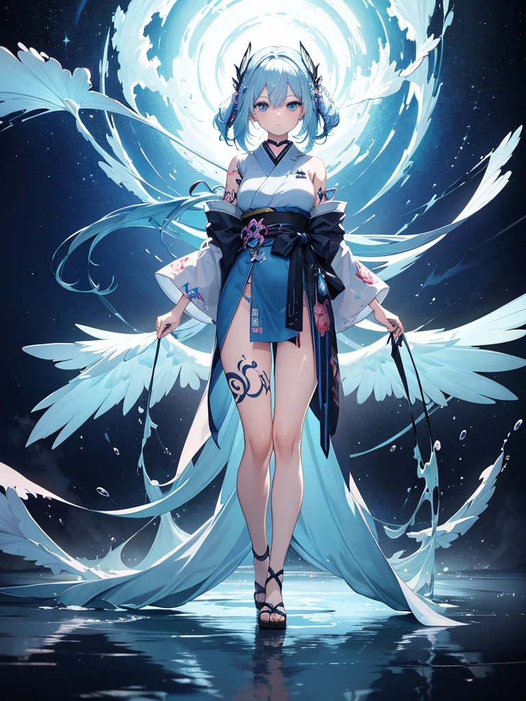 Ultra High Definition 2D Art, close (1 female), Light blue hair, 2D Animation Style, Soft and delicate depiction, Also pay attention to the full body tattoos (Full Body Art), Landscape Mode, Masterpieces by Gweis and James Jean, TATTOO EXPERT DESIGN BY CLOSSCOSITY, wait. A blue-haired beauty who became a hot topic on Japan's Trend Art Station.