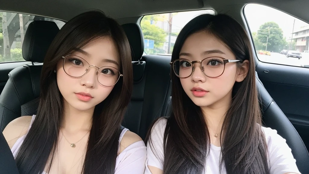 Indonesian girl 20-year-old  Hairstyle Casual, F Cup Breasts with glasses  wearing  casual uptown in car and driving this car with her friend