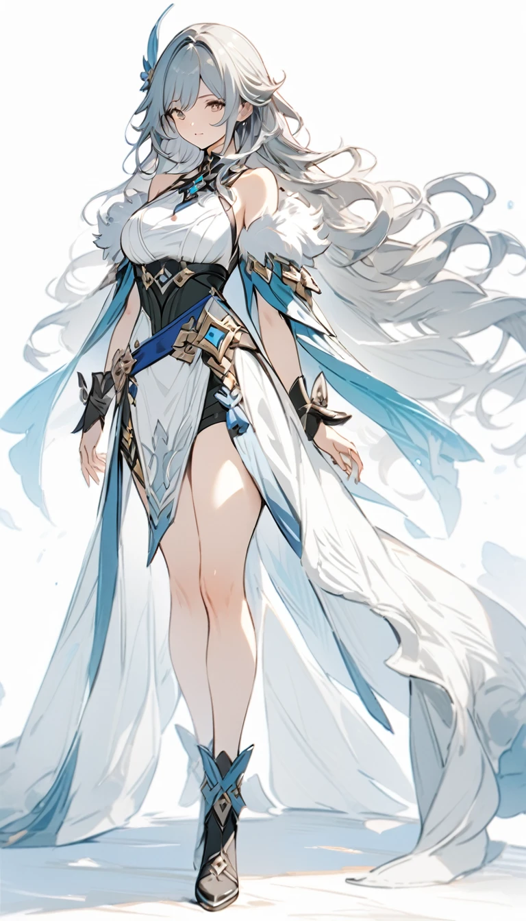 (masterpiece), best quality, perfect face, 1girl, solo, medium height, young adult, young woman, big boobs, (long hair, white hair, bangs), (blue eyes, leadership aura), heels, white cape, accessories, white sailor uniform, tie, belt on waist