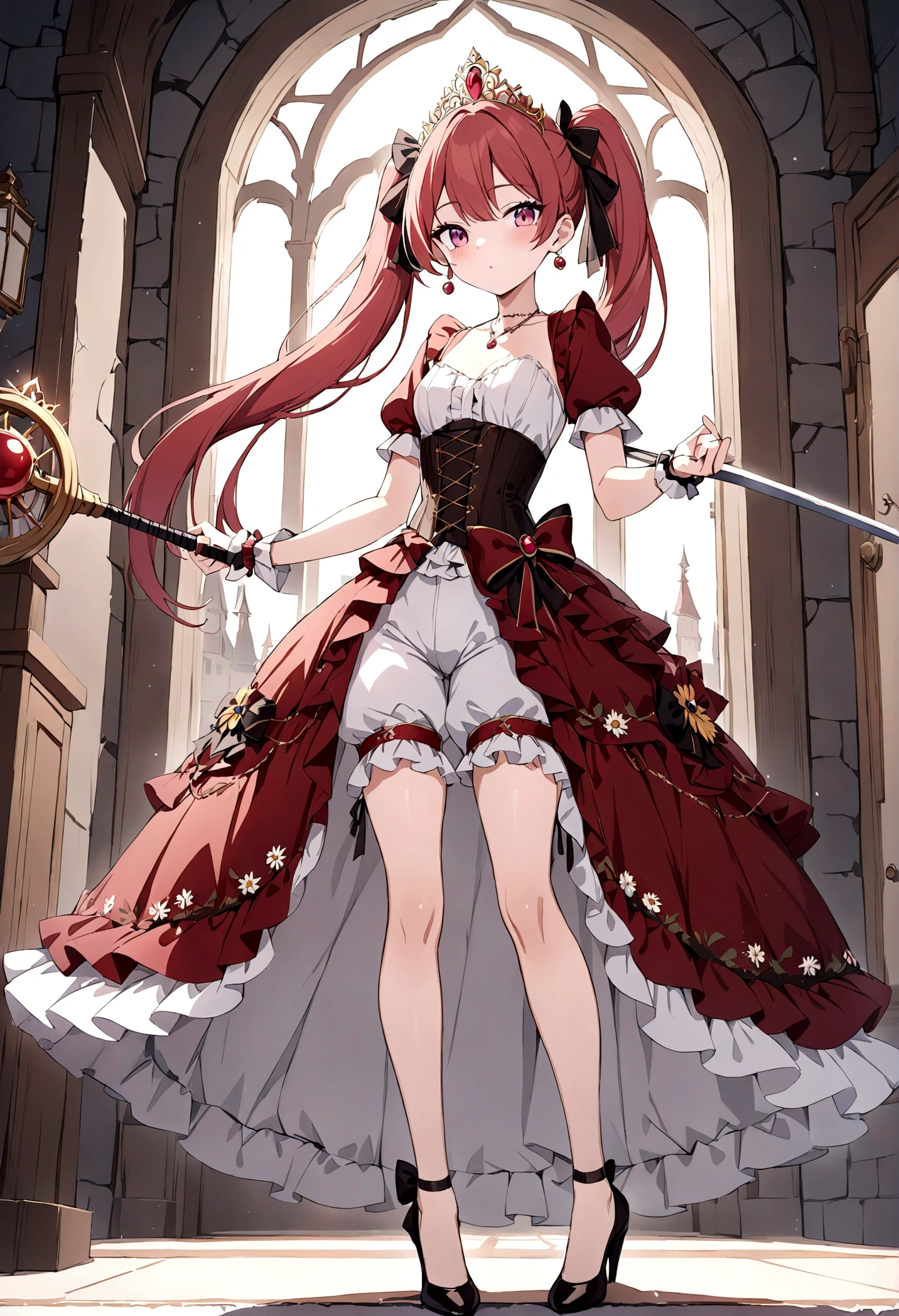 (best quality,4k,8k,highres,masterpiece:1.2),ultra-detailed, Pretty 15 years old princess, drawn in anime style, is cute and happy, long red pigtails hair, pink eyes, small breast, makeup and lipstick, steampunk, red ball gown with puffy sleeves, physically-based rendering,gorgeous frilly dress design,flowing gown,elaborate lace details,rich textures,contrast stitching,delicate ribbon bows,floral accents, daisy flowers embroidery, full skirt,short sleeves,fitted waistline,flared cuffs,lace-up back,luxurious fabrics,flawless silhouette, petticoat, bloomers, bustle, corset, hair ribbons, white elbow gloves, ruby earrings and necklace, gold tiara, high heels, holding a fencing sword, standing in castle bedroom, highly detailed, 4K.