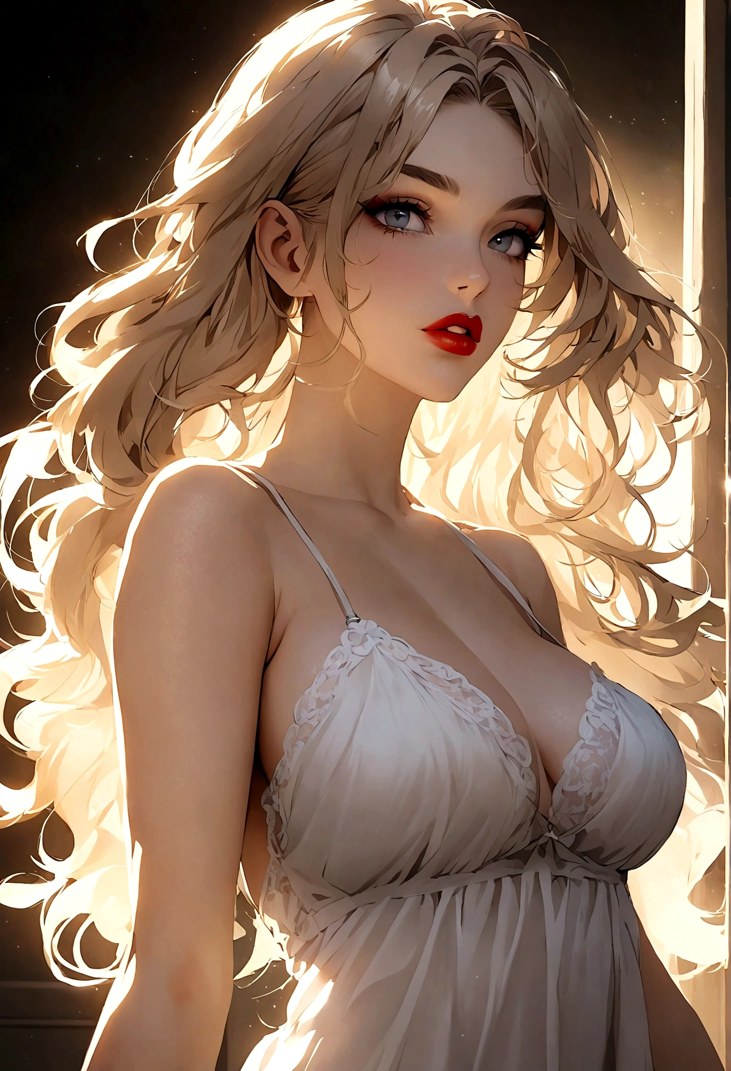 Create an image of the most stunningly gorgeous beautiful perfect sexy girl, high detailed sexy stunning face, perfect makeup, large lips, lipstick,beautiful perfect body, transparent lingerie sundress, dutch hair,
