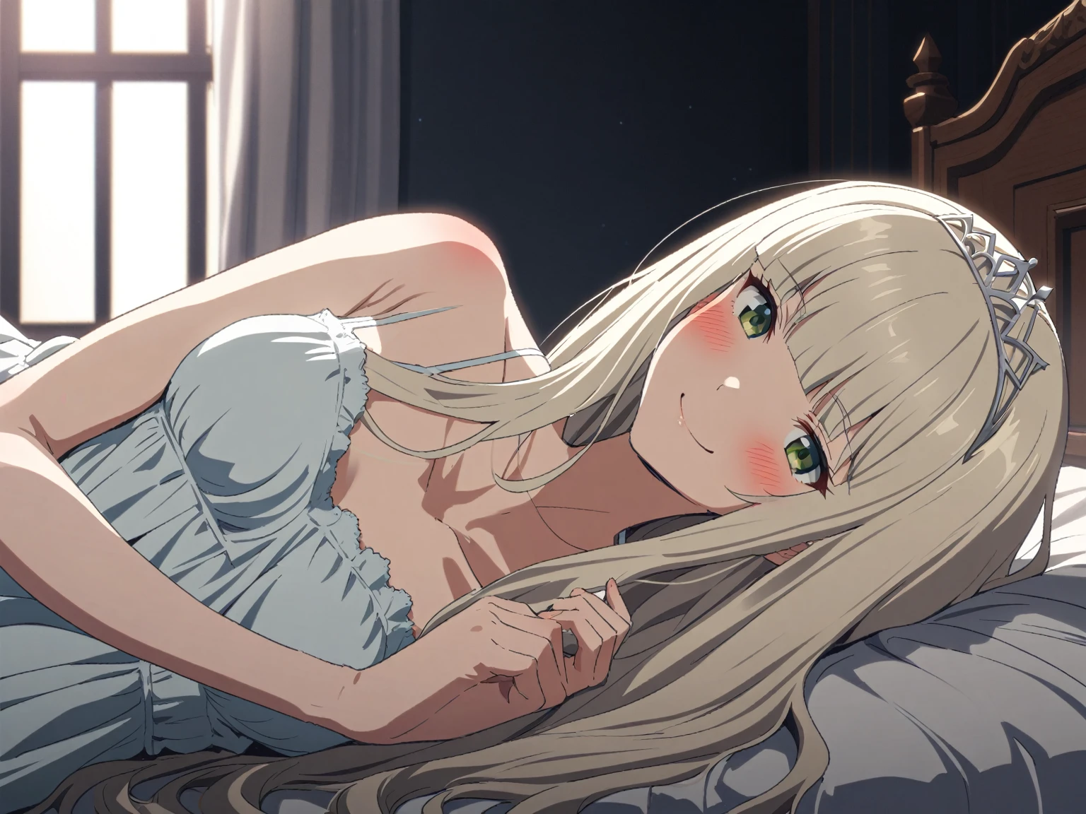 {{cowboy shot, face focus, sideways, pov, from side}} {{Artist: Sincos}} 1 woman ,solo, mature female, elegant, princess, medium breasts, straight hair, platinum blonde hair, long hair, hime cut, green eyes, nightgown, tiara lying on bed, smile, blush, indoors, palace bedroom, moonlight from window, medieval fantasy.
